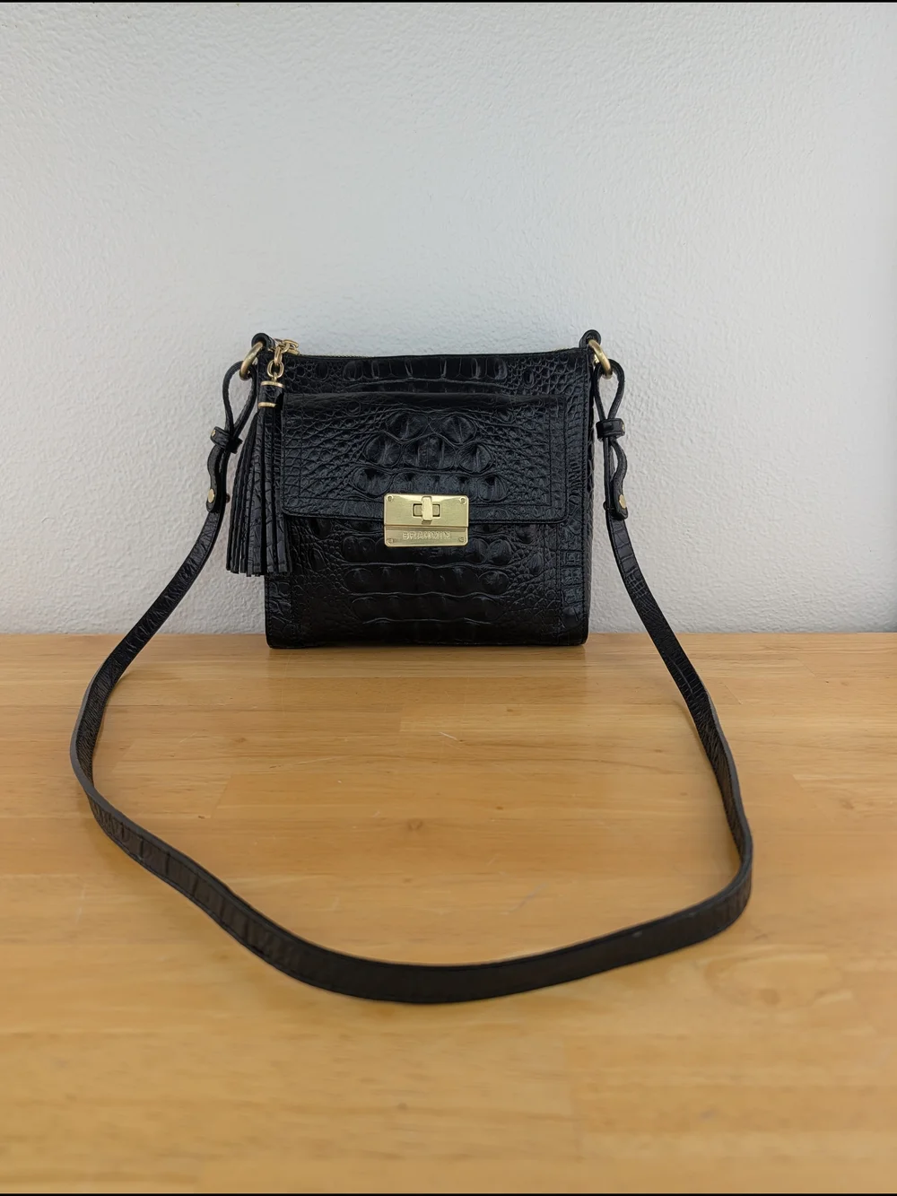 Brahmin Mimosa Manhattan Black Croc-Embossed Leather Crossbody Bag Tassel Detail - Picture 1 of 16